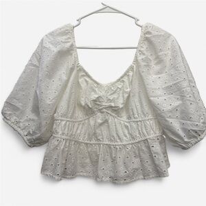 a new day cottagecore croquette White Eyelet Blouse with Puff Sleeves medium